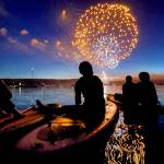 Fireworks light up the sky on July Fourth as paddlers watch from inner Quartermaster Harbor. (Corinne Sherry photo.)