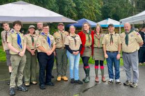 Aspen Anderson photo
From left to right: Mickey Fontaine, Lander Fontaine (Eagle Scout #107), Cathy Winjum (Committee Chair), Matt Fontaine (Assistant Scoutmaster), Everett Hatfield (Eagle Scout #106), Andrew Casad (Scoutmaster), Katherine Grace (Committee member), Jenny Gogarten (Pack 275 Cubmaster), Stephanie Gogarten (Pack 275 Committee Chair), Devon DeLapp (Scoutmaster), Andy Johnson (Committee member)