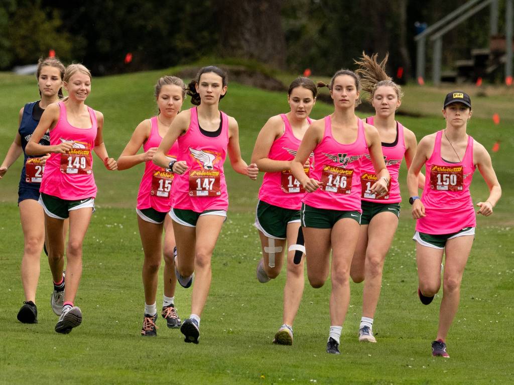 The girls of the Vashon High School Cross Country team kick off their race at Camas Prairie Golf Park in Port Townsend, WA on Tuesday, September 17. (John Decker photo)