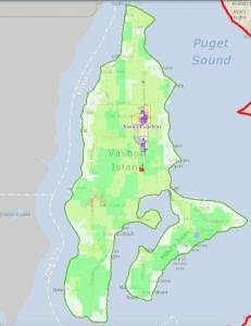King County iMap screenshot
This image shows the zoning of Vashon Island. Areas in green are zoned "Rural Area." Areas in dark purple are zoned "Community Business." Areas in shades of yellow, orange and red are either "Residential" or "Office." Other zoning across the island includes "Agricultural" and "Neighborhood Business."