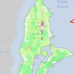 This image shows the zoning of Vashon Island. Areas in green are zoned Rural Area. Areas in dark purple are zoned Community Business. Areas in shades of yellow, orange and red are either Residential or Office. Other zoning across the island includes Agricultural and Neighborhood Business. (King County iMap screenshot)