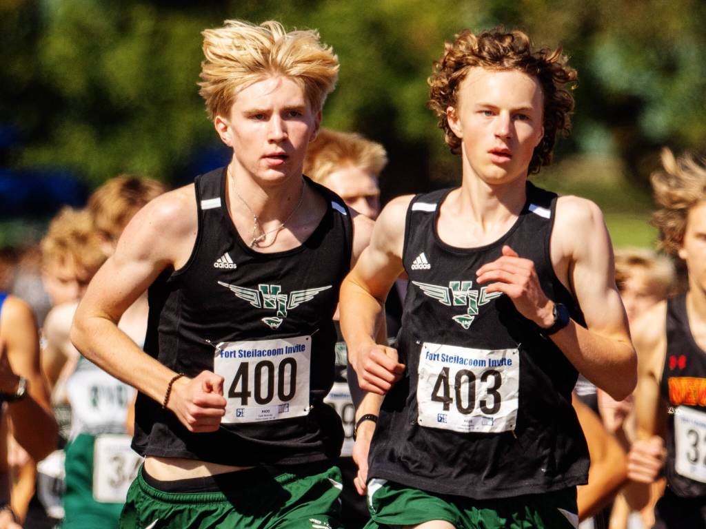 Co-captains Cash Nowicki and Josh Healey run at Fort Steilacoom on Saturday, September 21, 2024. (John Decker photo)