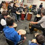 With the help of Ghanian drums and books, 7th-grade students experienced firsthand the role of talking drums in West African history. Social studies teacher Becky Blankenship said, Storytelling in the form of music and dance not only has centuries of tradition as a form of sharing histories, but it is central to supporting BIPOC students in the classroom as community and story are at the heart of how students connect with classroom learning. (Courtesy photo)