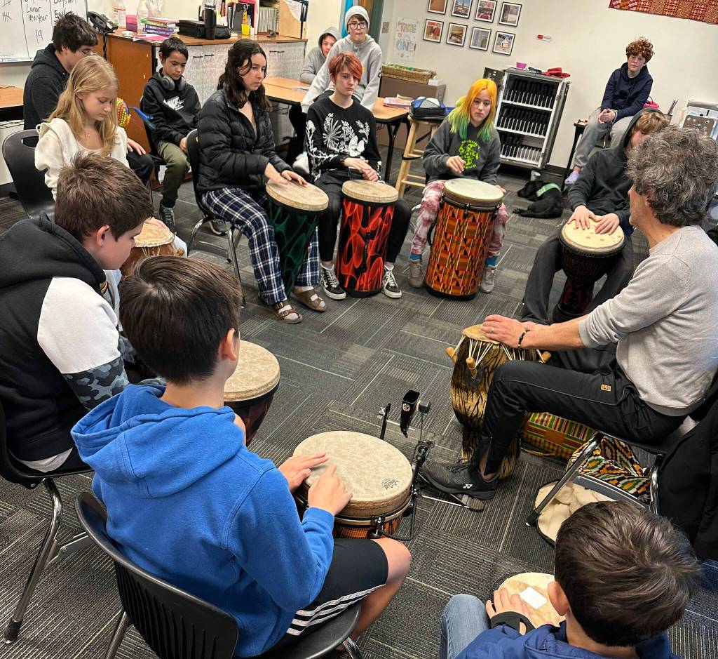 With the help of Ghanian drums and books, 7th-grade students experienced firsthand the role of talking drums in West African history. Social studies teacher Becky Blankenship said, Storytelling in the form of music and dance not only has centuries of tradition as a form of sharing histories, but it is central to supporting BIPOC students in the classroom as community and story are at the heart of how students connect with classroom learning. (Courtesy photo)