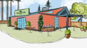 An artist's sketch shows what a grocery store at the Grange hall could look like.
