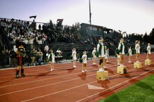 Aspen Anderson photo
The Vashon High School Cheer team pumps up the energy during the football team's home game against Sound Christian Academy on Friday, September 27.