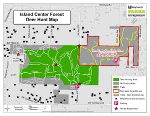 King County's Island Center Forest deer hunt map. No hunting is allowed in the northeastern section (the Island Center Forest Natural Area), highlighted in red, where trails will remain open to public use.