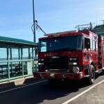 Vashon Island Fire & Rescues new fire truck rolled off the Chetzemoka ferry and onto Vashon on Wednesday afternoon. (Elizabeth Shepherd photo)