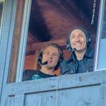 Oscar Lopez (left) and his dad Jamie Lopez announce the Oct. 3 match between the Vashon Pirates and the Seattle Christian Warriors at Vashon High School. (Alex Bruell photo)