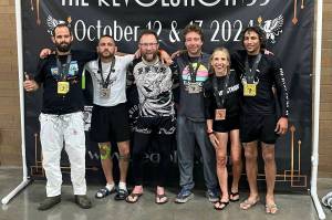 The Vashon Island Grappling Clubs Adult Team, from left to right: Nick Arnold, Kidd Williams, Eric Rogneby, Sean Lang, Claudia Gross Shader, and Bobby Dodd. (Courtesy photo)