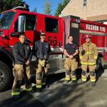 (Left to right) Firefighter/EMT Fale Weggen, Lieutenant/EMT Brian Lee, Firefighter/EMT Dawson Allen, and Captain/EMT Josh Munger, outside Station 56, in Burton. (Vashon Island Fire Rescue photo)