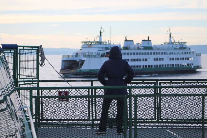 A passenger on the Triangle route watches as another ferry passes on the way between Vashon Island and West Seattle. (Alex Bruell photo)