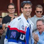 Olympic athlete Jacob Plihal arrived to the Vashon Theatre backlot to cheers and applause from the Vashon community on Aug. 27. (Alex Bruell photo)