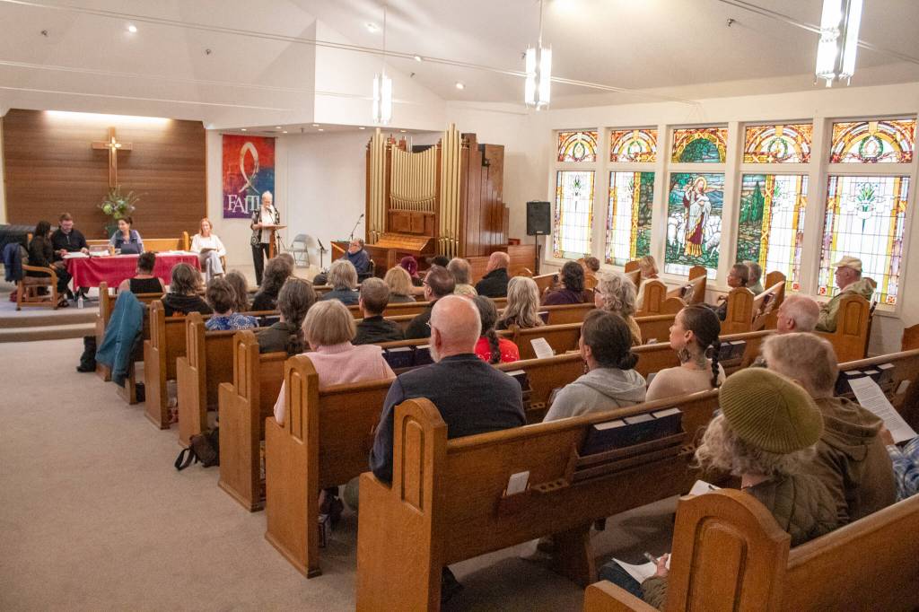 More than 60 people turned out in person to the Vashon Presbyterian Church in September for a Vashon-Maury Island Community Council meeting that focused mostly on the upcoming Seattle Indian Health Boards Thunderbird Treatment Center and on details of the countys comprehensive plan process. (Alex Bruell photo)