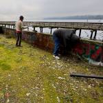 Photo courtesy Bryan Ripka
Volunteers from island-based Meade Building Company painted over graffiti at Tramp Harbor and collecting litter along the Point Robinson and Lisabuela shorelines on Dec. 4 as part of a company volunteer day. In this photo, volunteers clean up at Tramp Harbor Dock. Both the Tramp Harbor Dock and Point Robinson and Lisabeula properties are owned and managed by the Vashon Park District (VPD), whose executive director, Elaine Ott Rocheford, confirmed that Meade had reached out to VPD this fall to volunteer their efforts.