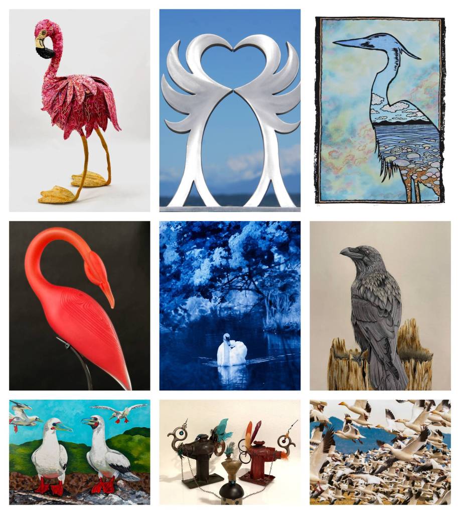 Works by (top row, left to right) Pat Herkel, Steven Jensen, Laurel Henn, (middle row) Pohlman Knowles Studio, Jenn Reidel, Joshua Lee, (bottom row) Virginia Ashby, Polly Purvis and Michael Elenko are included in VCAs Birds in Flight exhibition. (Courtesy photos)