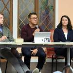 34th District (Vashon and West Seattle) legislators Rep. Joe Fitzgibbon, Sen. Joe Nguyen and Rep. Emily Alvarado speak to a crowd about ferry service in September 2023 at Vashon High School. (Alex Bruell photo)
