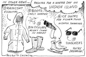 Michelle Lassaline, "Packing for a winter day on Vashon Island" (Alternate high contrast version)