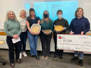 Courtesy photo
From left to right: Karen Boyle, PIE Board President; Juniper Rogneby, Vashon School Board Chair; Kathleen Lawrence, CES Teacher-Librarian and Robotics Teacher; Kate Dunagan, VHS Jewelry Teacher; Kathleen Regovich, VHS Chemistry Teacher; and Jenna Riggs, PIE Board Member stand for a picture with PIE's big check. Not pictured: Award winner Sarah Filanoski, McMurray Humanities Teacher.