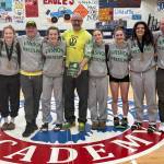 The VHS girls team and coaches pose with the Nisqually league championship plaque. Left to right: Per-Lars Blomgren, Hazel Nielsen, Anders Blomgren, Lena Puz, girls coach Jan Nielsen, Sydney Shannon, Kyla Scheff, Alara Demir, and girls coach Stephen Murphy. Not pictured: Ashley Rice. (Amy Nielsen photo)