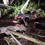 This repair crew in Kitsap County arrived to face a tangle of downed wires, broken utility poles, and fallen transformers. Damage from the February storm was extreme on the Kitsap Peninsula, requiring many repair resources and thus limiting repair crew availability for Vashon. (Puget Sound Energy photo)
