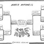 Few things can induce March Madness in gardeners and ecologists like the springtime advance of invasive plants, and few invasive plants are as resilient (or tasty) as the Himalayan blackberry, which is actually native to Armenia and Iran. Cartoon by Michelle Lassaline.