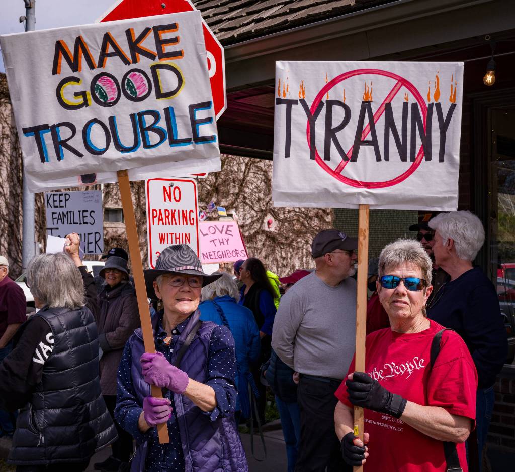 Kent Phelan photo
Signs at the protest included those reading MAKE GOOD TROUBLE and TYRANNY  the latter crossed out.