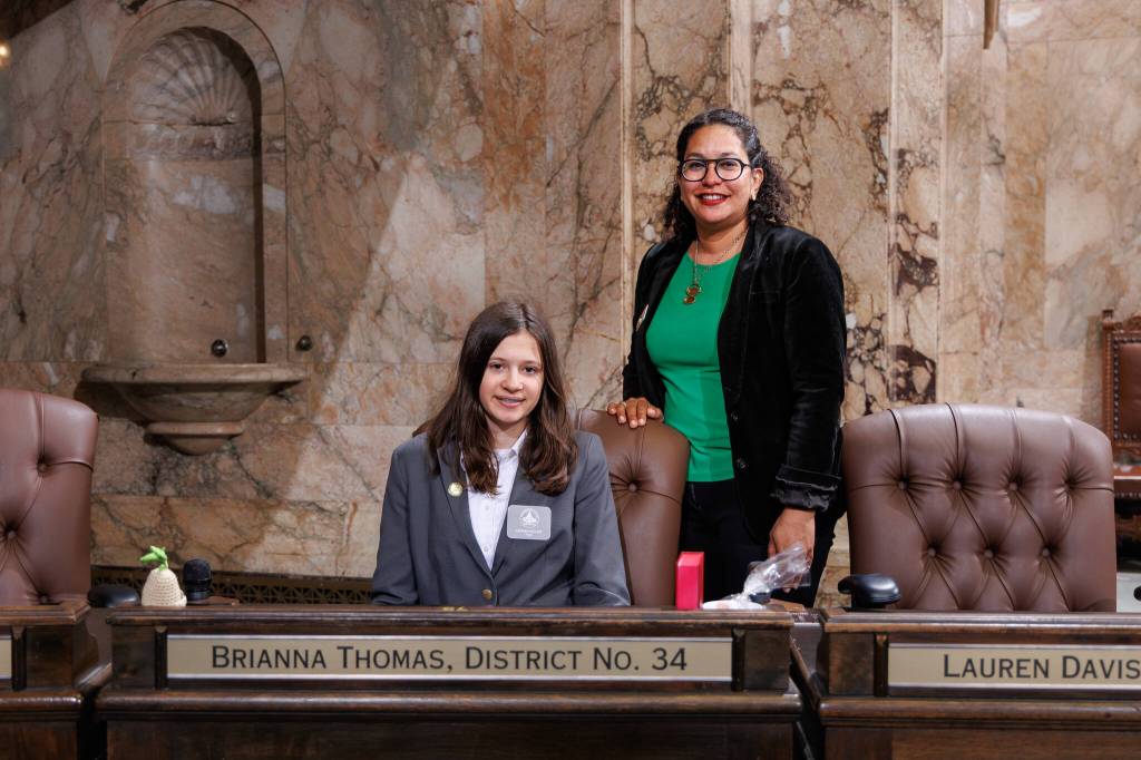Kieran Seiler, a student at McMurray Middle School, is pictured with state Rep. Brianna Thomas on April 8. (Washington State Legislative Support Services photo)