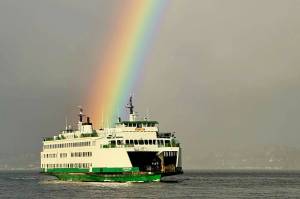Robin Stewart photo
This stunning shot of a rainbow stretching behind a ferry was captured Thursday, April 10 by Robin Stewart from the deck of the Vashon-Seattle water taxi. Said Stewart: "Thanks to the captain for mentioning the rainbows as we approached the dock!"