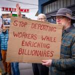 Demonstrators returned to the islands four-way stop last weekend to protest actions by the Trump administration. (Kent Phelan photo)