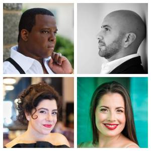 (Clockwise from top left) Joshua Conyers, José Rubio, Allison Pohl and Marie Masters Webb are among the principal singers of Vashon Operas upcoming production of Falstaff. (Courtesy photos)