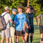 Pirate Goalkeeper Ozzie Tanner is congratulated by Head Coach John Thomas on Senior Night. (Dawn Stief photo)