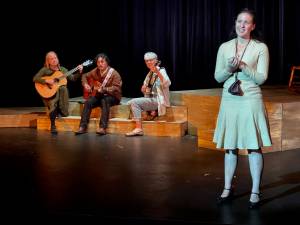 Gretta Stimson (foreground), with (left to right) Kat Eggleston, Kenny Alton and Susan Lewis, in I Cant Go Home, by Jennifer Dice  one of five new short plays being presented by Drama Dock. (Steven Sterne photo)