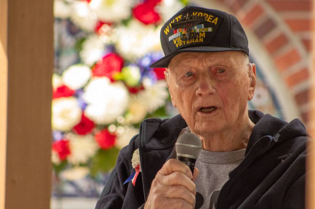 Brigadier General Joe Ulatoski speaks at the Senior Center memorial rededication. (Alex Bruell photo)