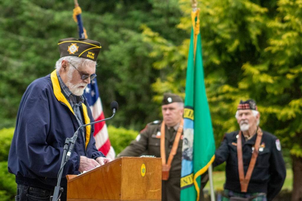 Roy Bumgarner, speaking at Vashon Cemetery on Monday, called Memorial Day a designated time to remember and honor the men and women from all generations who made the ultimate sacrifice in service to our nation. (Alex Bruell photo)