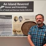 Islander Jim Sherman, attending the installation of Vashon Heritage Museums exhibition An Island Revered. (Marissa Tsaniff photo)