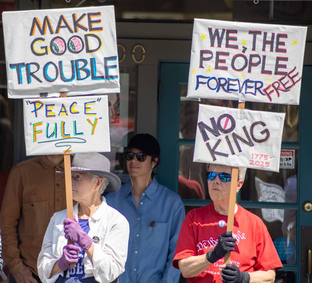 Demonstrators hold signs at the protest on Vashon. (Alex Bruell photo)