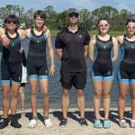 From left to right: Grayson Hamilton, Alden Metler, Brendan Blower, Arlo Harris, Ben Steele, Rose Ely, Willa Lee, Gwen Tomlinson and Kiran Rajaratnam competed in Sarasota, Florida this month at the USRowing Youth National Championships. (Ginger Hamilton photo)