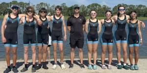 From left to right: Grayson Hamilton, Alden Metler, Brendan Blower, Arlo Harris, Ben Steele, Rose Ely, Willa Lee, Gwen Tomlinson and Kiran Rajaratnam competed in Sarasota, Florida this month at the USRowing Youth National Championships. (Ginger Hamilton photo)