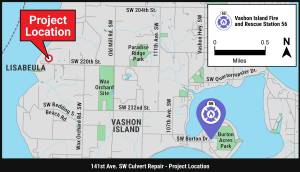 The 141st Ave SW Culvert Replacement project is located on a sole access road on the west side of Vashon Island. (King County graphic)