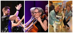 Scenes from the 2024 PianoFête (left to right): Vyacheslav Slava Gryaznov and Rexa Han, members of the Vashon-Maury Island Chamber Orchestra, and pianist Konstantin Soukhovetski with a young fan, Jovian Maya. (Wade Yip and Allison Halstead-Reid photo)