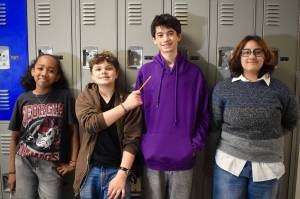 (Left to right) Christina Larrymore, Parker Persinger, Levi Cobb and Leilani Lanphear, during the shoot of Pizza Purge at McMurray Middle School. (Hazel Cobb Photo)
