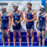 The U.S. quad sculls boat accepts their bronze medal at World Cup 2 in Lucerne, Switzerland. Jacob Plihal is second from right. (Chris Plihal photo)