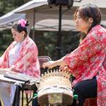 Laryn Young, left, and Hatsune Matsudaira, musicians of the Koto no WA ensemble, played traditional Japanese koto music during the Kizoku Ishiki Obon celebration. The koto is a string instrument, not unlike a harp, which typically features 13 strings plucked by musicians who use three fingerpicks worn on their right hand. (Alex Bruell photo)