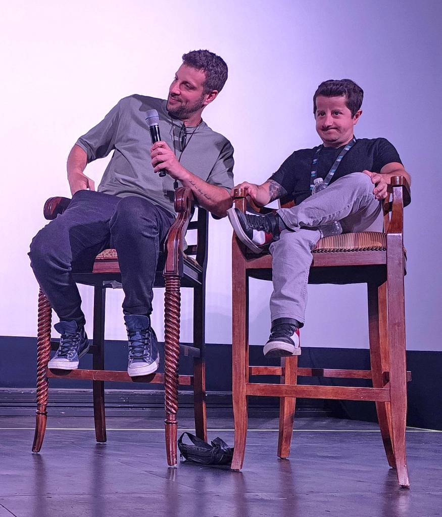 Kevin Claydo and Phil Moniz hold court for a discussion about their award-winning film, Racewalkers. (Phil Clapham photo)