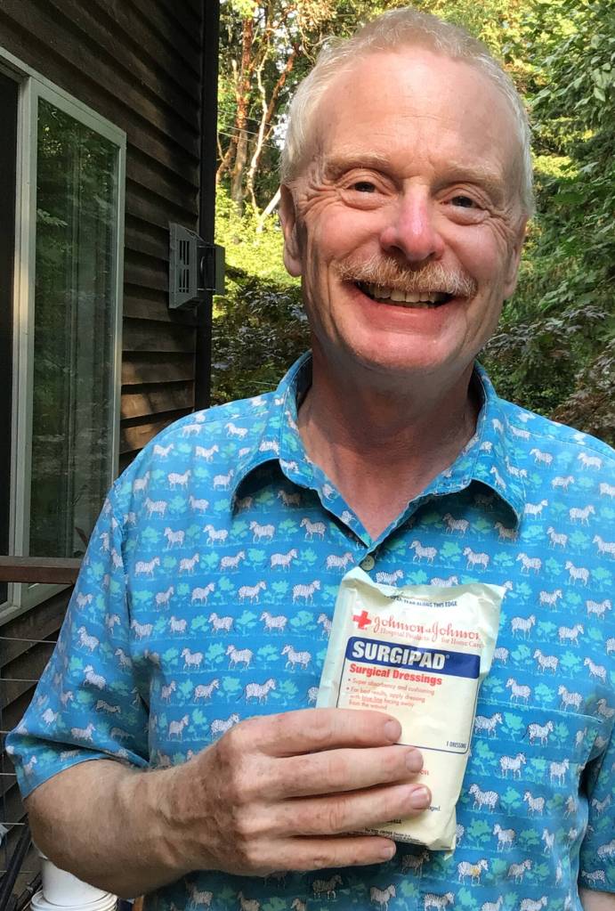 James Hamaker: I keep a 4x4 surgical dressing in my CERT vest pocket. Its a basic principle of stop-the-bleed training. Pressure on the wound – and quick action matters. With the dressing handy, I can say: Here sir/madam, press this against your bleed while I get the first aid kit out.