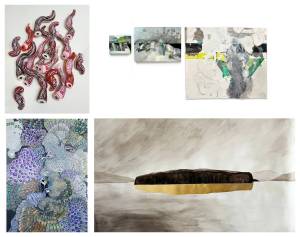 An exhibition of Vashon Artist Residency artists includes works by (clockwise from bottom right) Catherine Lipsetz Dauer, Lauren Boilini, Heidi Jensen and Hughen/Starkweather. (Courtesy Photos)