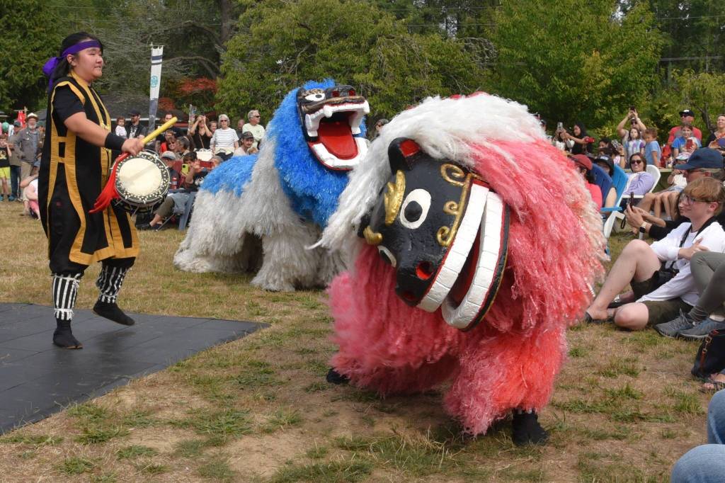 A Shishimai Japanese lion dance delighted the crowd at Mukai Farm and Gardens annual Japan Festival (Jim Diers Photo)