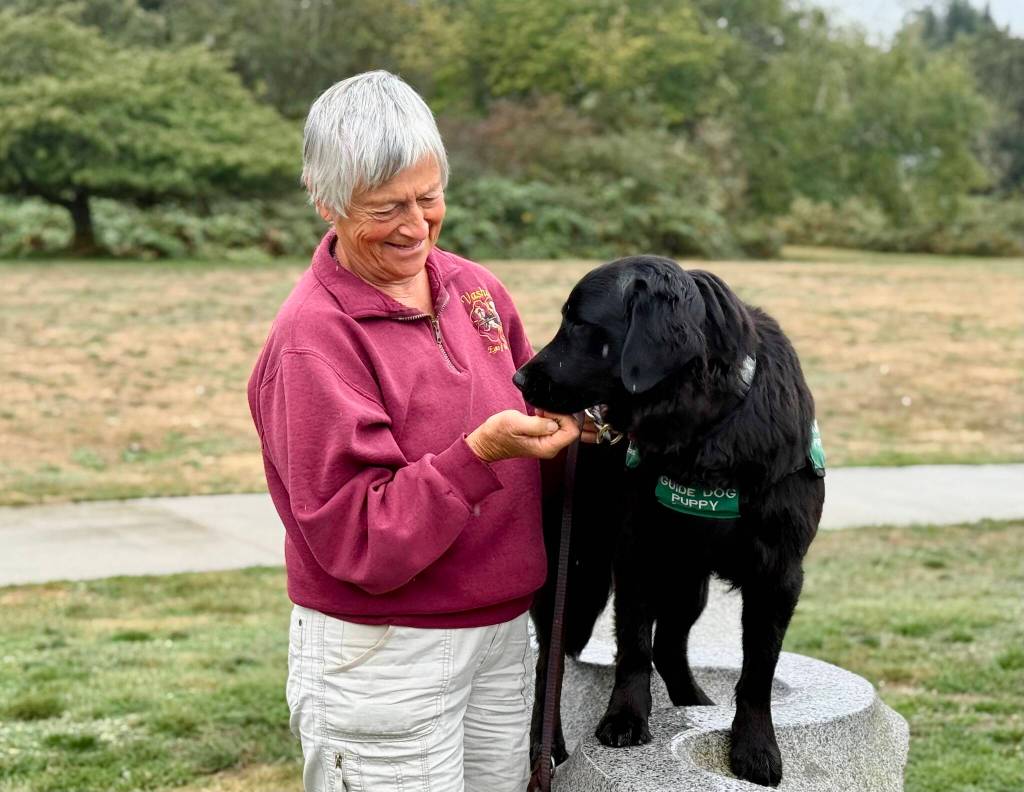 Char Phillips stands with Soda, the 30th dog shes raised for the Vashon Guide Dog Program, outside Vashon High School. (Aspen Anderson Photo)