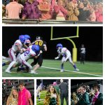 (Top) The Green Tide student section of the bleachers turned pink on Homecoming  and went wild when (middle) the VHS Pirates scored a touchdown late in the game. (Bottom) School pride beamed from the faces of students including sophomore royalty Gloria Erickson and Pierson Guenther (left), freshman cheer squad member Holly Caughell (center) and the exuberant pep band (right). (Tom Hughes and Elizabeth Shepherd Photos)